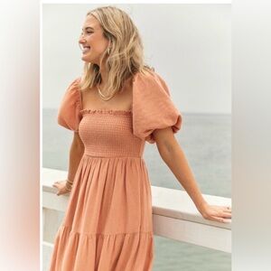 Rust orange smocked tiered maxi dress